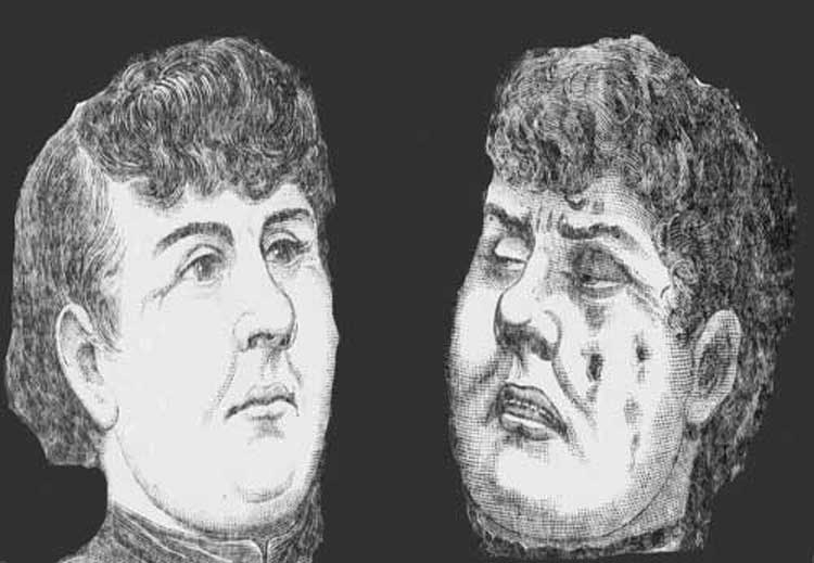 An illustration showing Annie Chapman before and after death.
