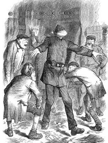 The Punch Cartoon showing a blindfolded policeman being taunted by criminals.