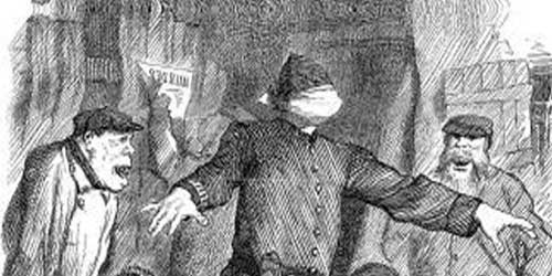 A press illustration showing a blindfolded policeman.