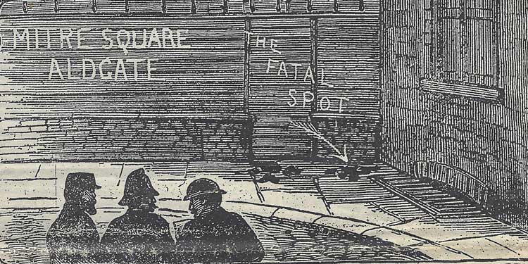 An illustration showing police at the spot where Catherine Eddowes was murdered in Mitre Square.