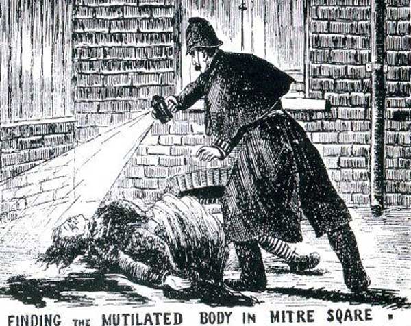An illustration showing Police Constable Watkins finding the body of Catherine Eddowes in Mitre Square.