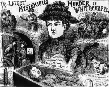 An illustration showing various scenes from the murder of Frances Coles.