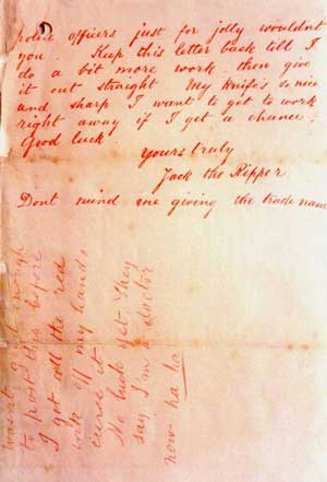 A photo of the reverse side of the letter with the signature Jack the Ripper.