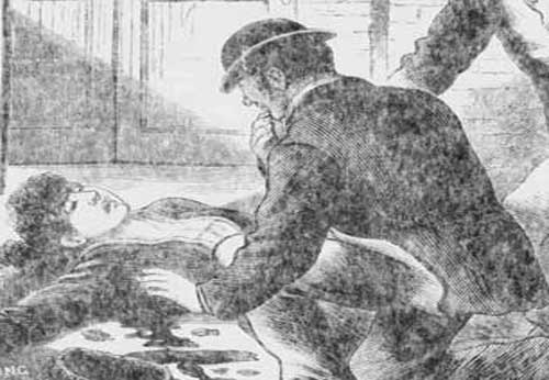 An illustration showing the finding of the body of Martha Tabram.