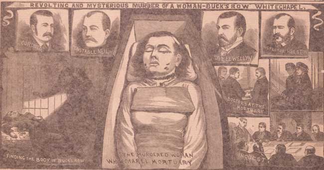An illustration showing Mary Nichols at the mortuary.