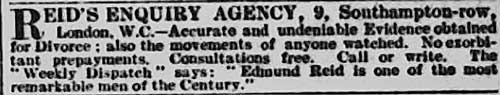 Edmund Reid's advert for his private detective services from the Morning Post.