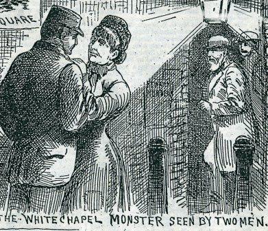 Elizabeth Stride talking to a man.