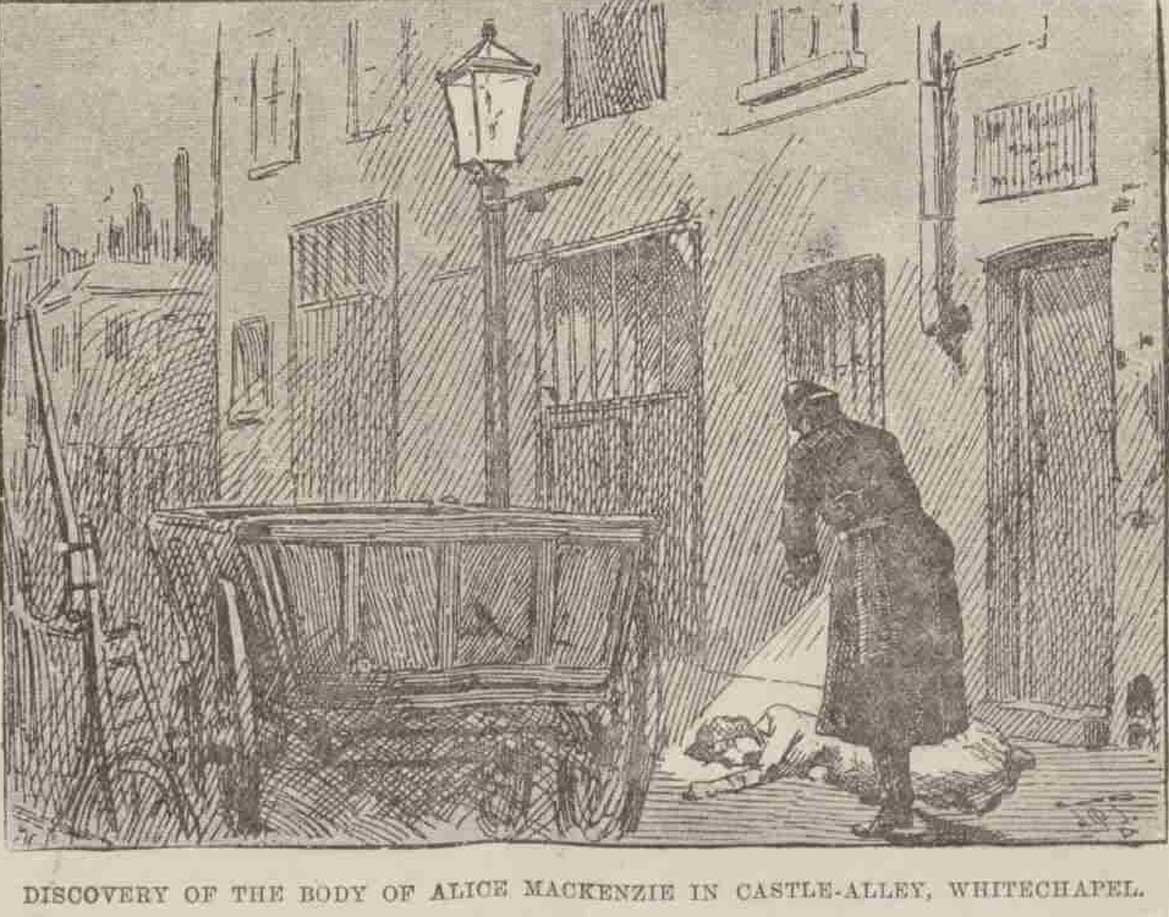 An illustration showing Pc Andrews discovering the body of Alice McKenzie.