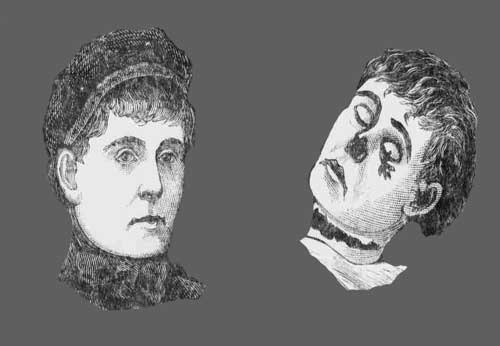 Two sketches showing Catherine Eddowes before and after death.