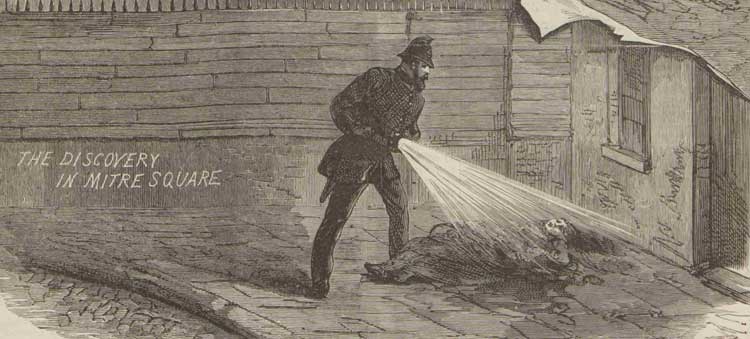An illustration showing Constable Watkins shining his lantern onto the body of Catherine Eddowes.