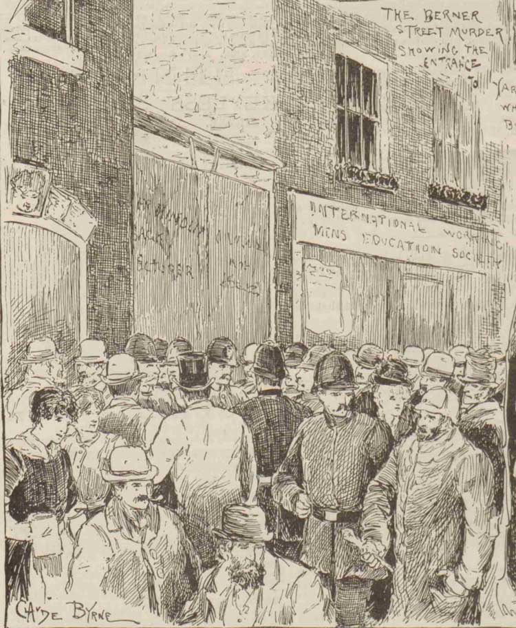 A newspaper sketch of Berner Street in the aftermath of the murder of Elizabeth Stride.