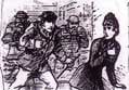 A newspaper sketch showing Emma Smith being followed a a group of youths.