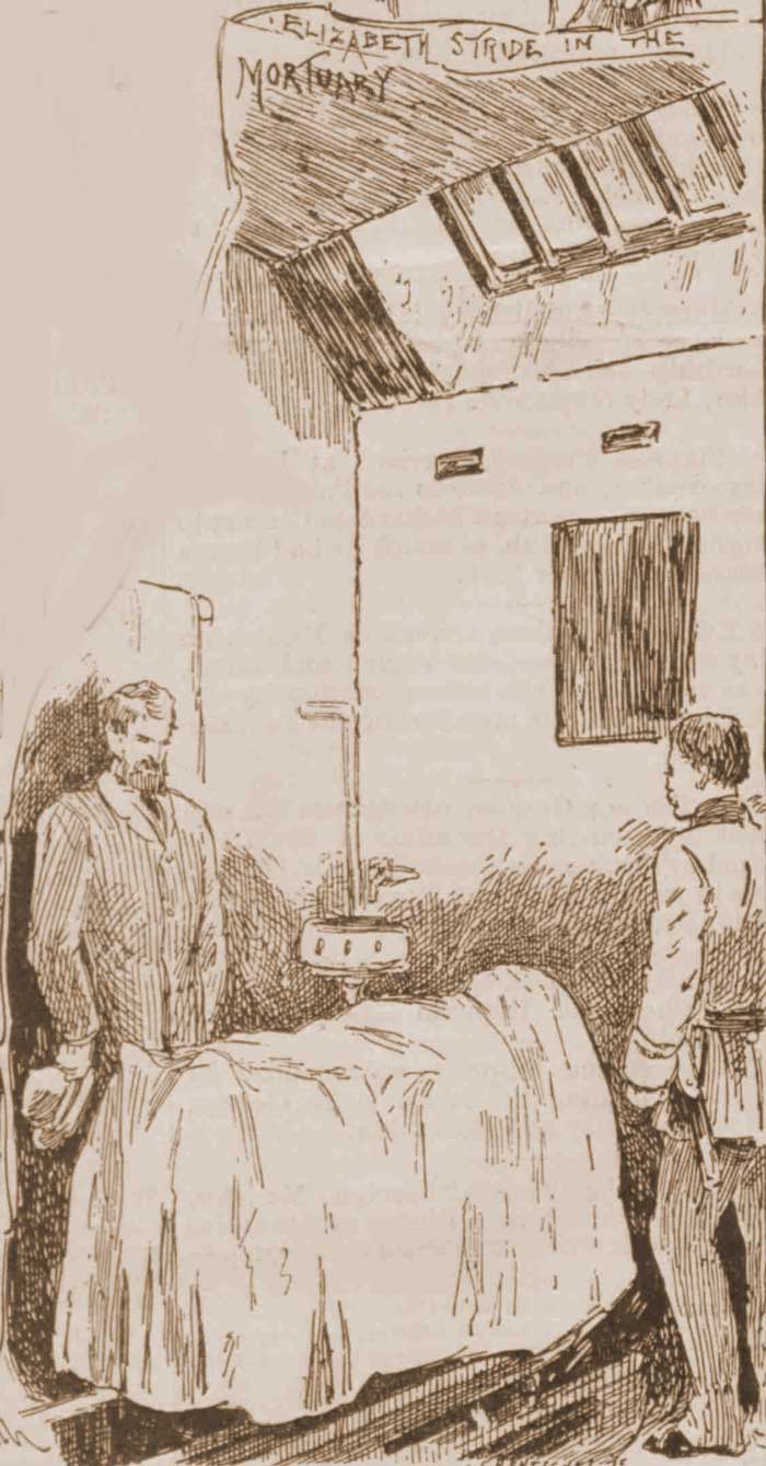 A sketch showing doctors standing by the covered body inside the mortuary.