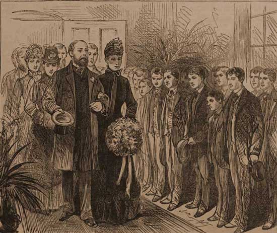 An illustration showing the Prince and Princess of Wales arriving to open the Working Lads Institute