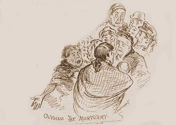 A sketch showing a crowd of people outside the mortuary.