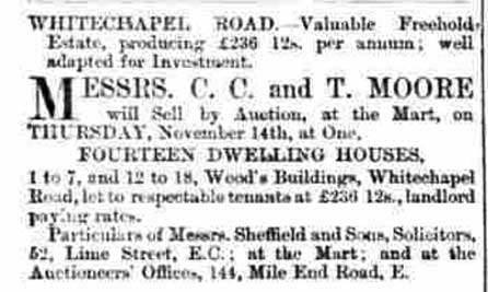 An advert from 1872 offerring several of the houses in Wood's Buildings for sale.