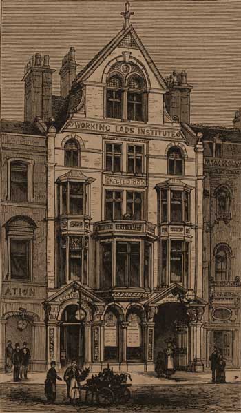 An illustration showing the Working Lads Institute from the outside.