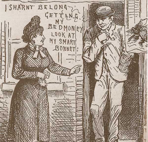 An illustration showing Mary Nichols leaving the lodging house wearing her jolly bonnett..
