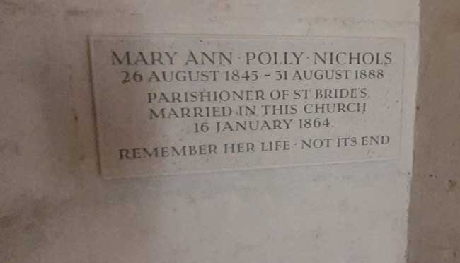 The plaque commemorating the marriage of Mary and William Nichols.