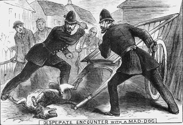 An Illustration showing police officer beating a dog with their truncheons.