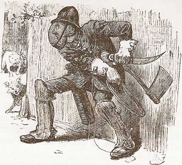 A cartoon showing a heavily armoured policeman confronting a rather cute dog.