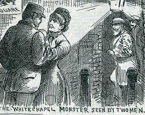 An illustration showing victim Elizabeth Stride with her suspected murderer.