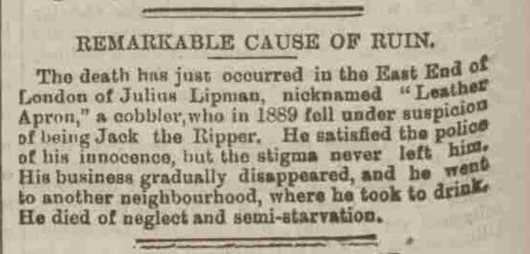 A newspaper article announcing the death of Julius Lipman.