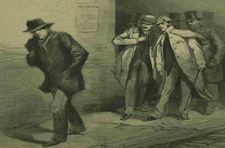 A sketch showing the Whitechapel Vigilance Committee following a suspect.